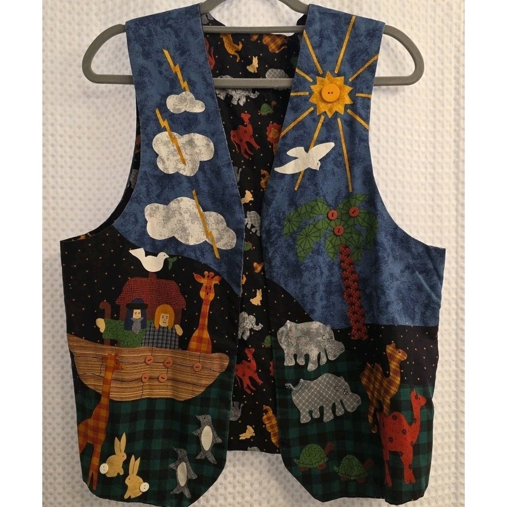 Vtg Handmade Vest‎ XL Cotton Quilted Reverse Open Style Animals Noahs Ark Bible